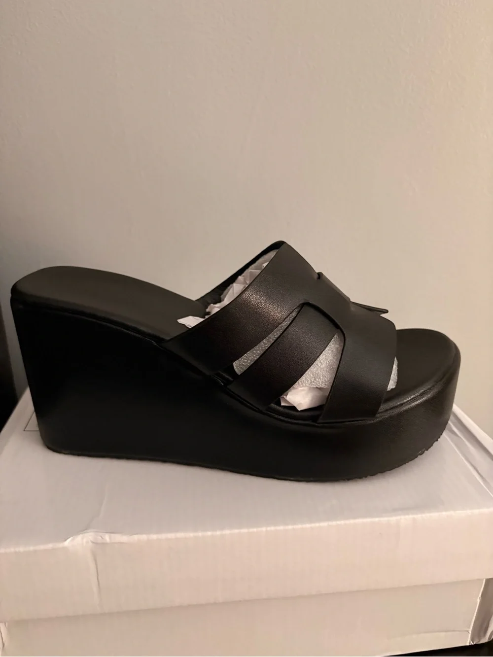 Women's Black Platform Wedge Slide - Sleek Crossover Straps